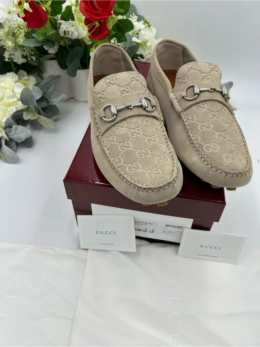 Men's Gucci, GG embossed suede driver loafers size 11 fits 12 US made in Italy